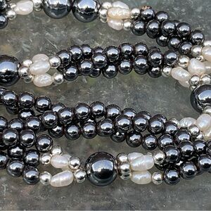 Vintage Hematite & Freshwater Pearl Necklace 18” Twisted Triple Strand